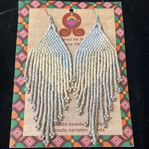 Gray and Cream Chandelier Earrings with Beaded Design